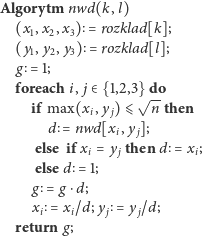 Algorytm  nwd(k, l)
  (x1,x2,x3) = rozklad[k];
  (y1,y2,y3) = rozklad[l];
  g  = 1;

  foreach i, j∈ {1,2,3}√ do
     if max(xi, y j)⩽  n then
       d = nwd[xi,yj ];
     else if x = y then d = x ;
             i    j         i
     elsed  = 1;
     g = g⋅d;
     xi  = xi/d;y j = y j/d;
  return g;
