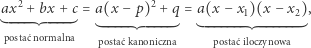 ax2 + bx + c= a(x − p)2 +q = a(x − x)(x − x ), 1 2 postać normalna postaćkanoniczna postaćiloczynowa 