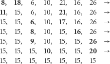 8, 18, 6, 10, 21, 16, 26 11, 15, 6, 10, 21, 16, 26 15, 15, 6, 10, 17, 16, 26 15, 15, 8, 10, 15, 16, 26 15, 15, 9, 10, 15, 15, 26 15, 15, 15, 10, 15, 15, 20 15, 15, 15, 15, 15, 15, 15 