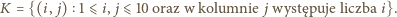 K = {(i, j) 1⩽ i, j⩽ 10 oraz w kolumnie jwyst ępuje liczba i}. 