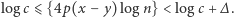 |log c⩽ {4p(x − y) log n} < log c+ ∆.