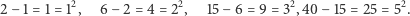 2− 1 = 1 = 12, 6 −2 = 4 = 22, 15 −6 = 9 = 32,40 − 15 = 25 = 52. 
