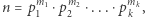 |n = pm11 ⋅pm22 ⋅...⋅pmk , k 