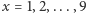x = 1,2,...,9 
