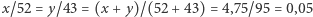 |x/52 = y/43 = (x +y)/(52 + 43) = 4,75/95 = 0,05 